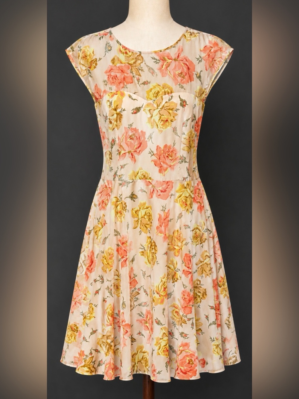 Betsey Johnson Floral A-Line Dress in Peach and Yellow- sheer top- 14